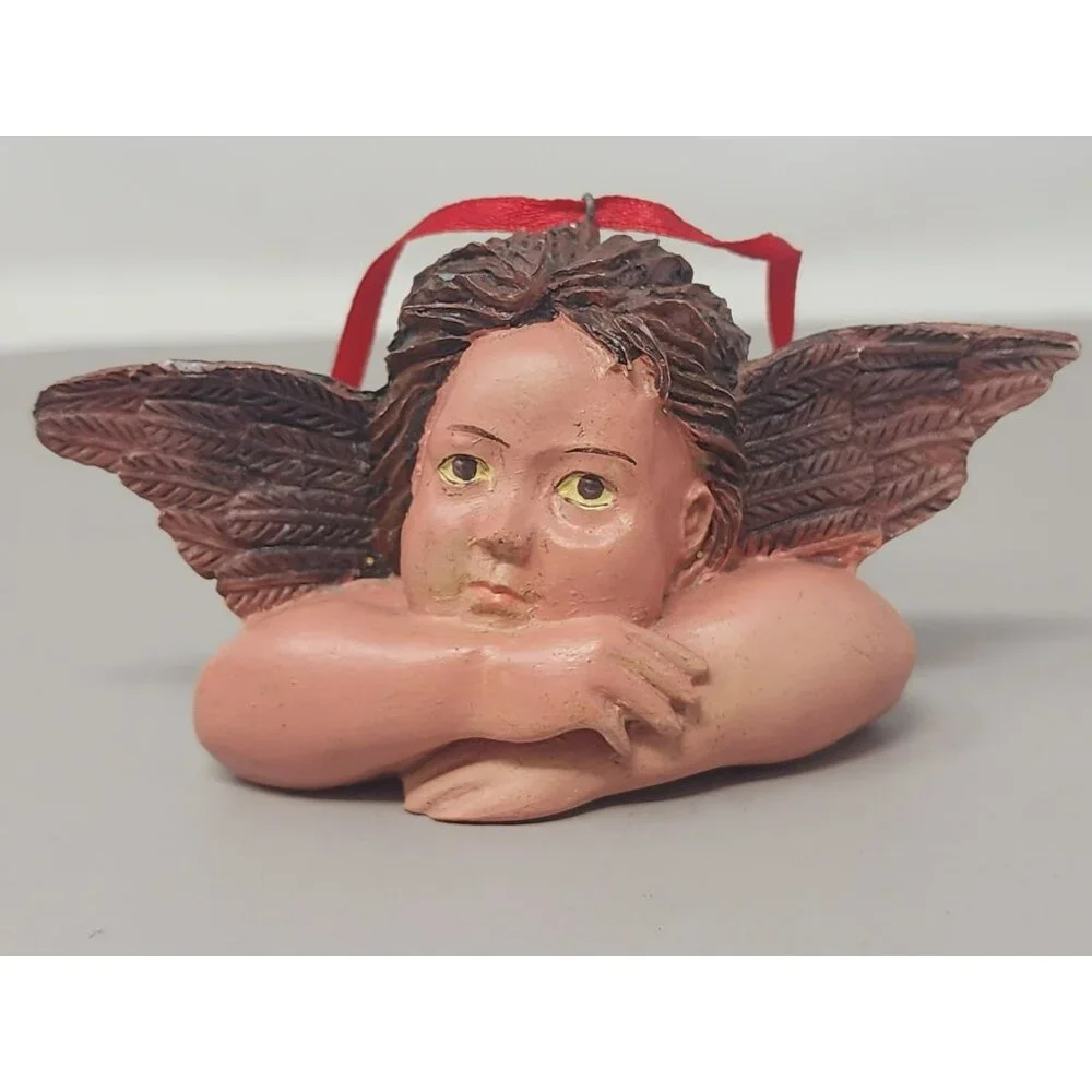 Set Of 3‎ Resin Angel Cherub Ornaments With Green Wings & Red Ribbon Hangers